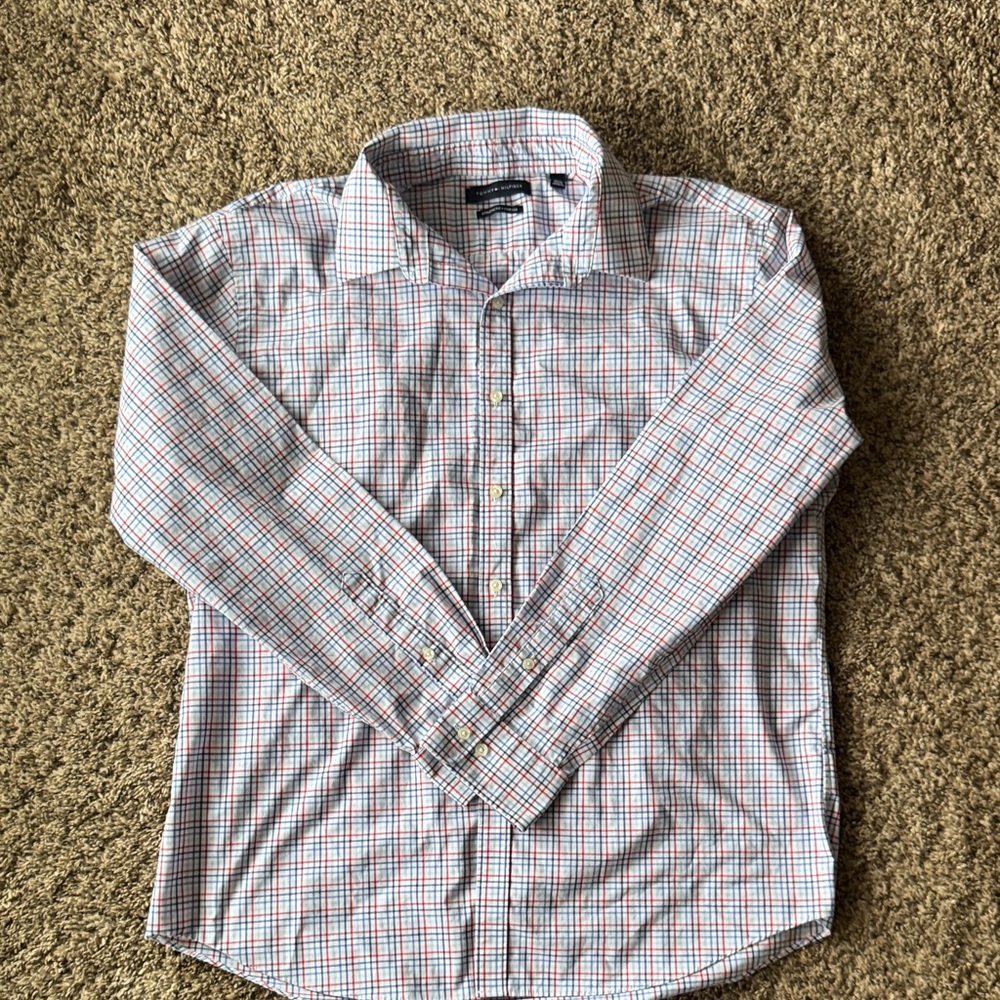 Tommy Hilfiger Men's Plaid Shirt - Blue and Red